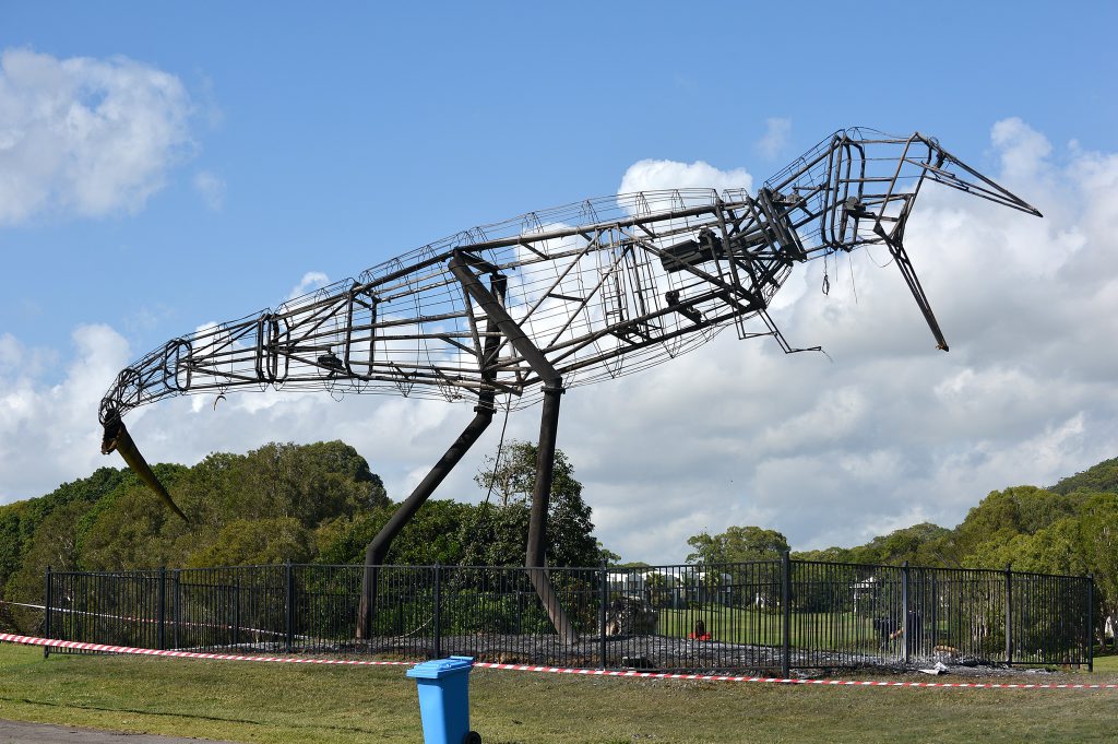 Jeff the Dionsaur is destryed by fire at the Palmer Coolum Resort Photo: Warren Lynam / Sunshine Coast Daily. Picture: Warren Lynam