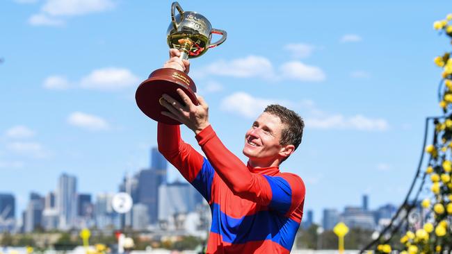 James McDonald celebrates his first Melbourne Cup win.