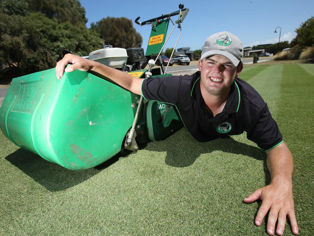 Lawn enthusiast Harry O'Brien from 13th Beach Gardening Services. Picture: Alan Barber