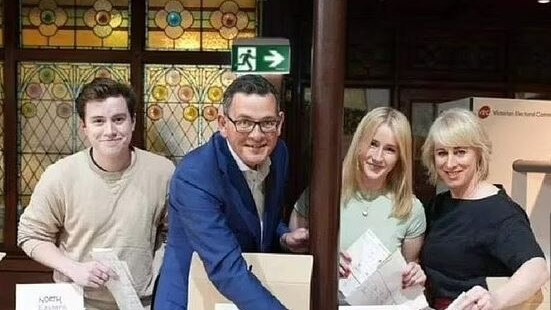 Daniel Andrews voting before the election with his wife and two of his children. Source: Twitter