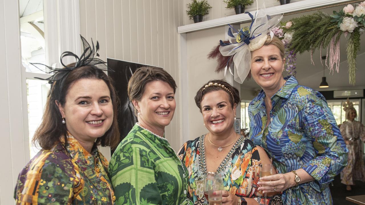 (from left) Prue Cunningham, Jodie Humphreys, Emma Turner and Naomi Deignan. The Chronicle Toowoomba Hospital Foundation Melbourne Cup at Urban Grounds Cafe raising funds for One Wish, One Cure for Type 1 Diabetes. Tuesday, November 1, 2022. Picture: Nev Madsen.