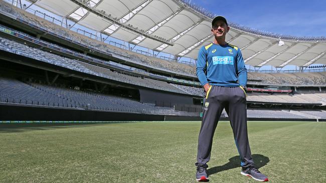 Justin Langer in front of the Perth Stadium stand named in his honour. Picture: Daniel Wilkins