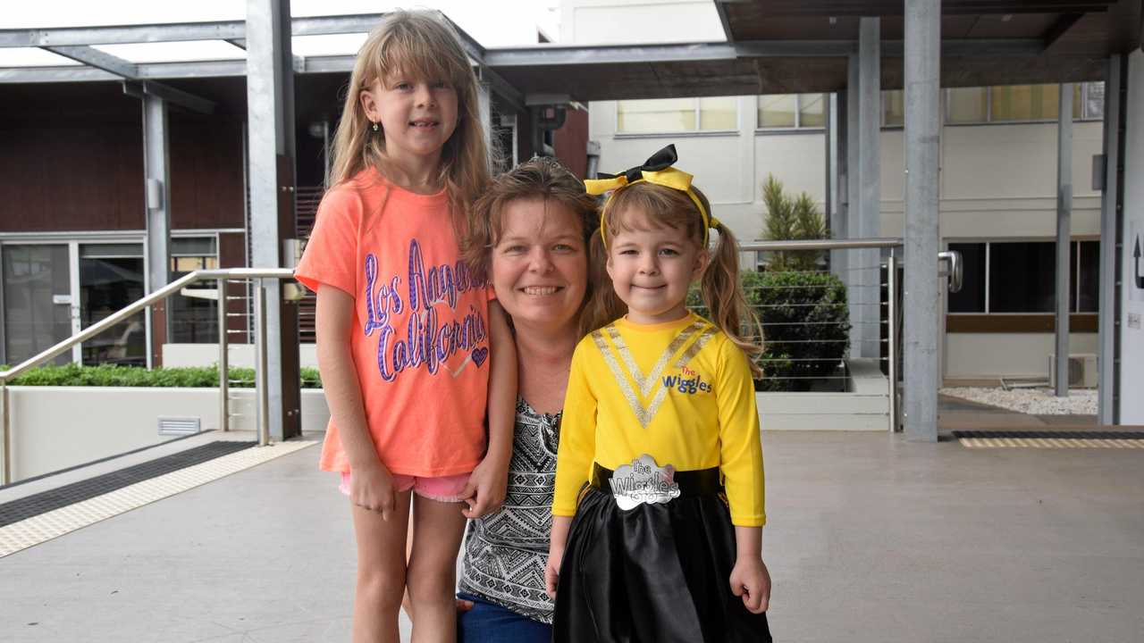 Kingaroy Wiggles Superfan Chloe Johannesen with mum Anna and sister Kayleigh. Picture: Madeline Grace