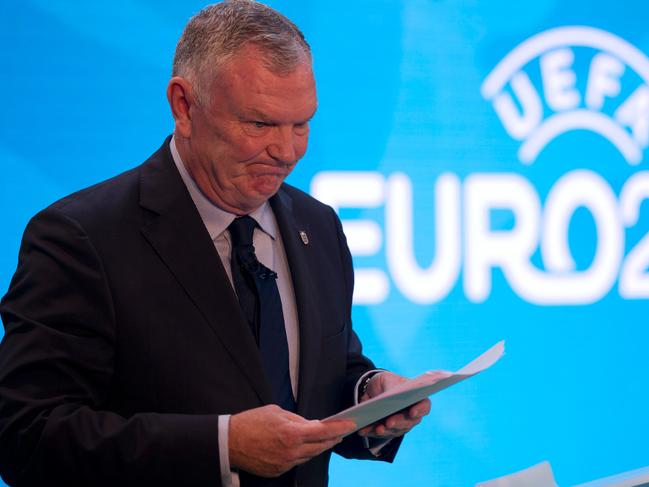 FA Chairman Greg Clarke speaks at an event to launch the logo for the 2020 UEFA European Championship football tournament in London on September 21, 2016.  The 2020 UEFA European Championship will see matches hosted in 13 cities across Europe, with the semi-finals and final staged at Wembley Stadium in London in July 2020. / AFP PHOTO / JUSTIN TALLIS