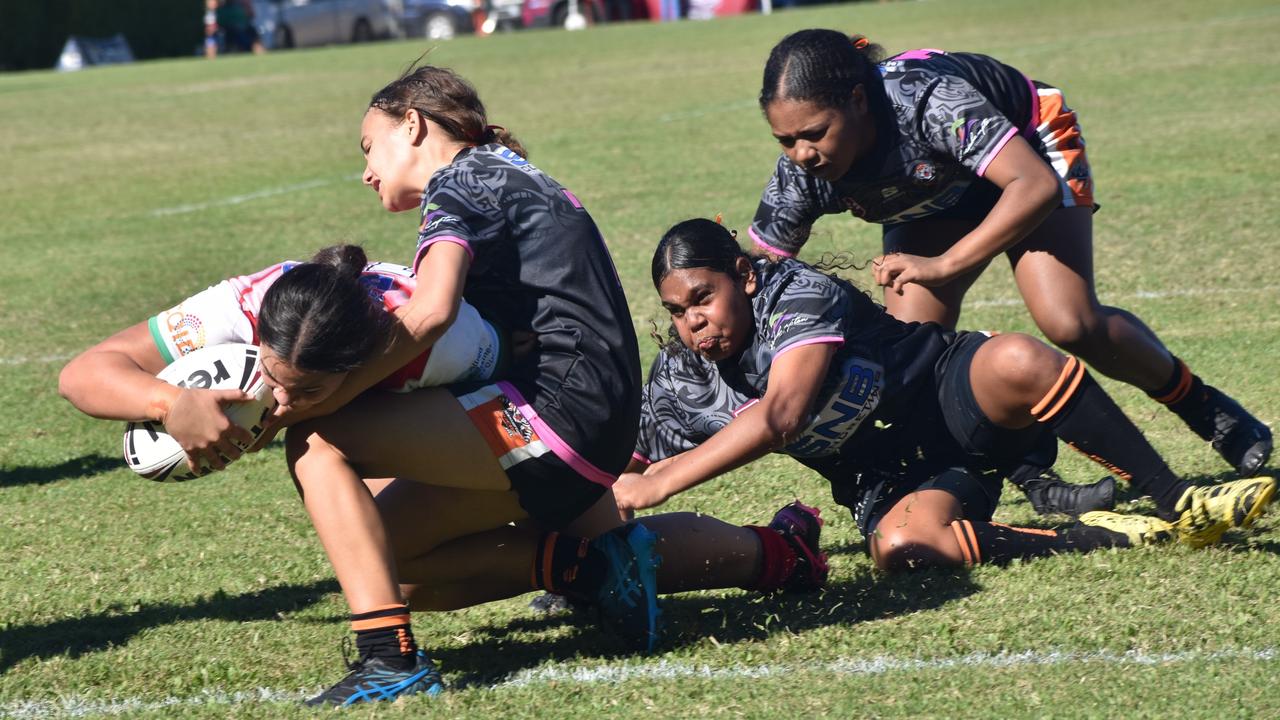 Emu Park captain captain Leilani Penaia goes in for her second try in the Rocky Junior League under-14 girls grand final at Rugby Park on June 8, 2024.