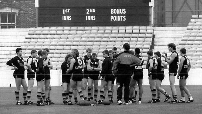 The Adelaide Crows during a training session at The Oval in London, England, in preparation for exhibition game against the West Coast Eagles in October 1994. Picture: David Geraghty