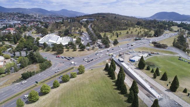 An aerial view of the Remembrance Bridge taking shape in Hobart.