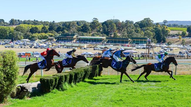 The last jumps race at the Oakbank Easter Racing Carnival, April 3, 2021. Picture: Brenton Edwards