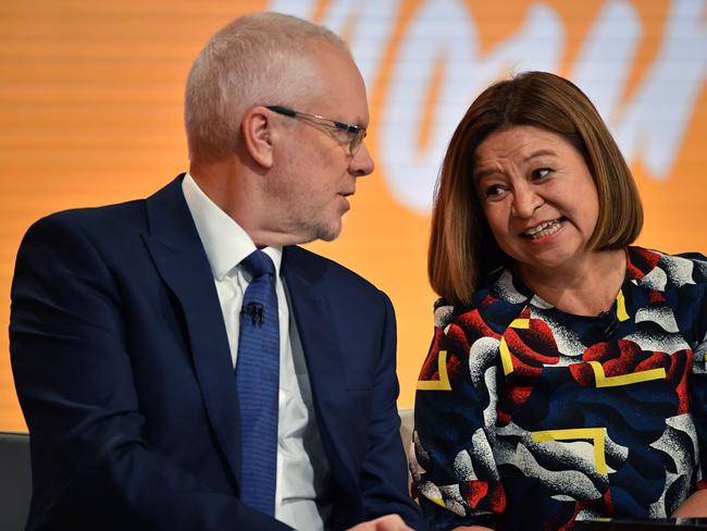 Former ABC Chairman Justin Milne (left) and former Managing Director Michelle Guthrie during the ABC Annual Public Meeting in Ultimo, Sydney, in February. Picture: AAP