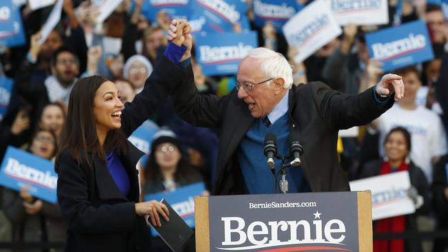 Congresswoman Alexandria Ocasio-Cortez introduces Bernie Sanders at a campaign rally in Ann Arbor, Michigan. Picture: AP