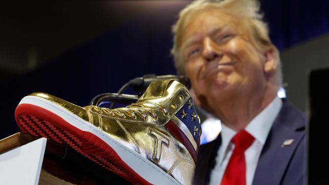 Republican presidential candidate and former President Donald Trump launches a new line of signature shoes at Sneaker Con on February 17 in Philadelphia. Picture: AFP