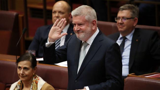 Mitch Fifield during his farewell speech in the Senate chamber in Parliament House in Canberra. Picture: Gary Ramage