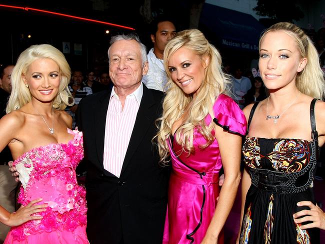 Playmate Holly Madison, publisher Hugh Hefner, playmate Bridget Marquardt and playmate Kendra Wilkinson arrive at Columbia Pictures’ premiere of “House Bunny” held at the Mann Village Theater on August 20, 2008 in Westwood, California. Picture: Getty