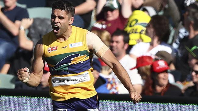 Woodville-West Torrens’ Jared Petrenko celebrates a goal during last year’s SANFL grand final.