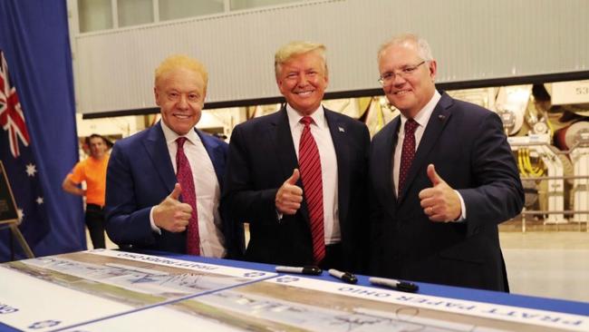 Australian billionaire Anthony Pratt (left), former US President Donald Trump and former Australian Prime Minister Scott Morrison at Anthony Pratt's during a tour of a Pratt Industries factory in Ohio. Picture: Twitter