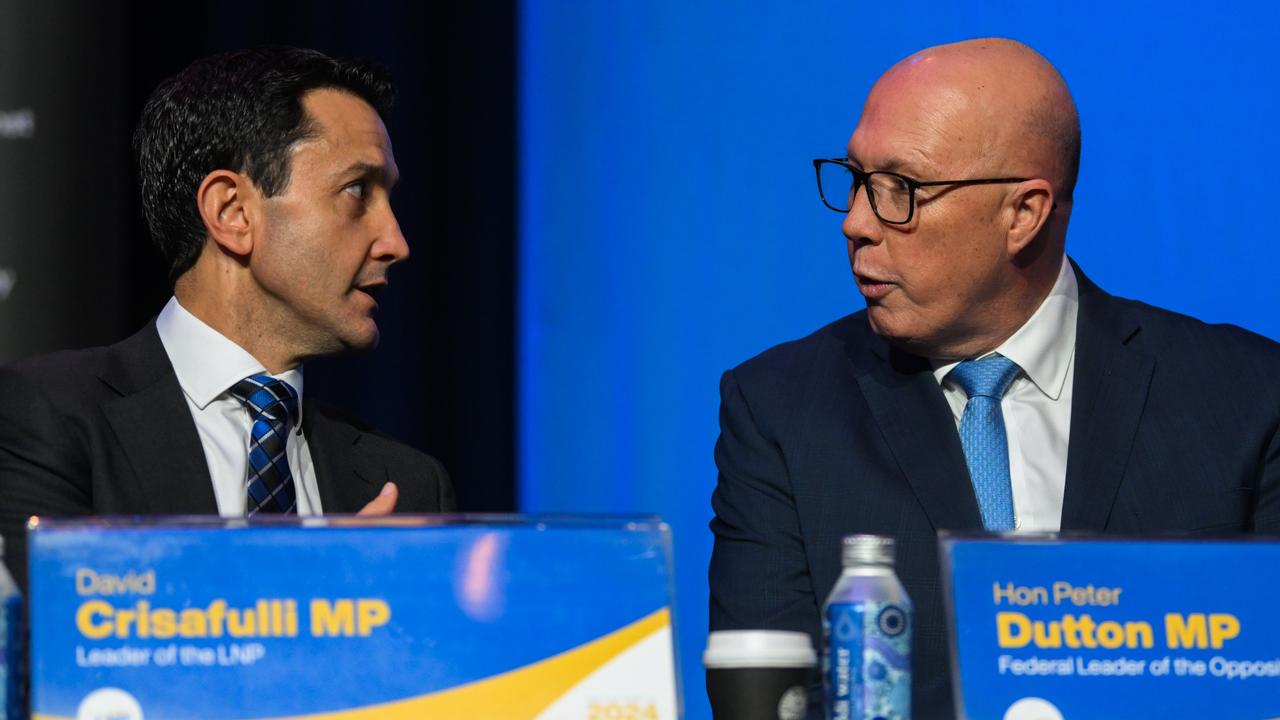 Now Premier-elect David Crisafulli (left) with federal Opposition Leader Peter Dutton at the LNP convention in July