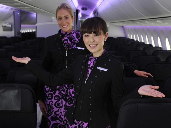 Air New Zealand is launching its first Boeing 787-9 Dreamliner flight from Auckland in New Zealand to Perth, Australia.  Air New Zealand is the launch customer of the revolutionary new aircraft. pictured are Air New Zealand Cabin Crew Laura Donaldson and Ivy Tsui the cabin of the Dreamliner