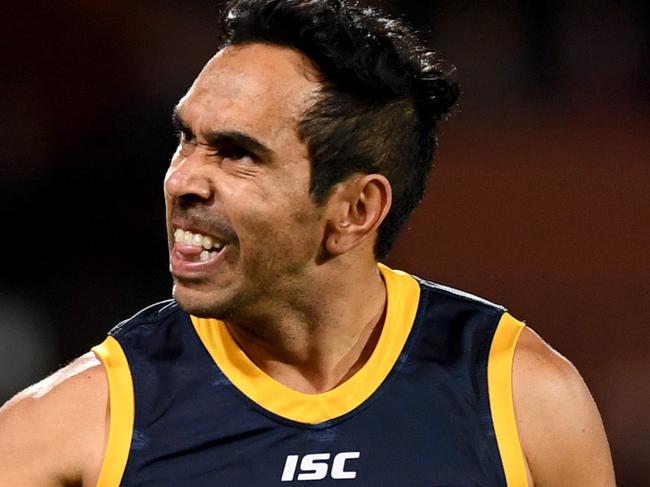 ADELAIDE, AUSTRALIA - AUGUST 03: Eddie Betts of the Adelaide Crows celebrates a goal during the round 20 AFL match between the Adelaide Crows and the St Kilda Saints at Adelaide Oval on August 03, 2019 in Adelaide, Australia. (Photo by Mark Brake/Getty Images)