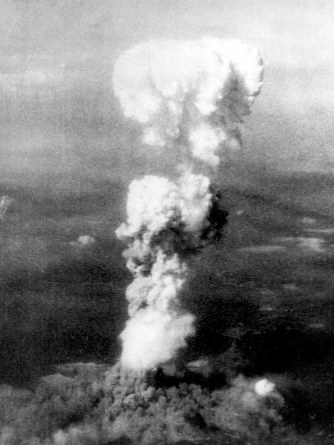 Plume of smoke from a mushroom cloud reaches 20,000 feet after the ‘Little Boy’ atomic bomb was detonated above Hiroshima. Picture: Supplied