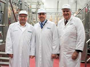 MEATY TALKS: Dr Robert van Barneveld, The Honourable Cameron Dick and The Honourbable Mark Furner inside the new processing plant. Picture: Laura Blackmore