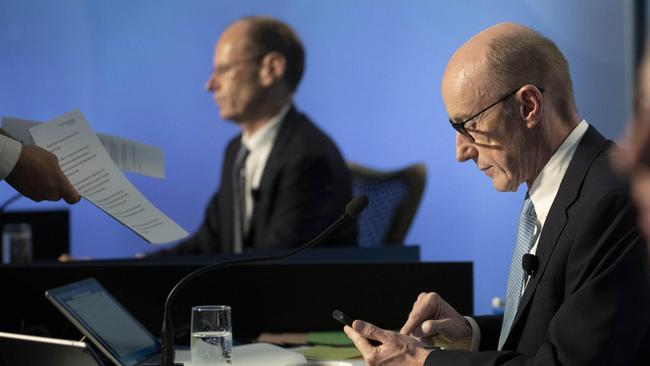 ANZ holds its virtual AGM in Melbourne. Chief executive Shayne Elliott, left and chairman Paul O’Sullivan. Picture: Arsineh Houspian