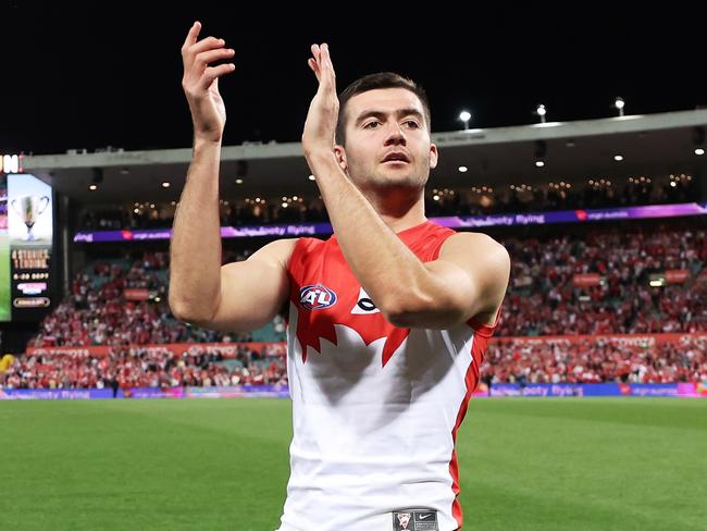 SYDNEY, AUSTRALIA - SEPTEMBER 20:  Logan McDonald of the Swans celebrates victory  after the AFL Preliminary Final match between Sydney Swans and Port Adelaide Power at Sydney Cricket Ground, on September 20, 2024, in Sydney, Australia. (Photo by Matt King/AFL Photos/Getty Images)