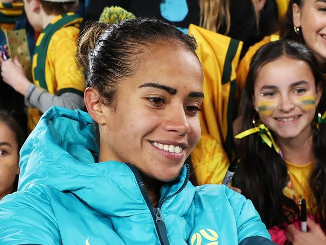 SYDNEY, AUSTRALIA - JUNE 03:  Mary Fowler of Australia interacts with fans after the international friendly match between Australia Matildas and China PR at Accor Stadium on June 03, 2024 in Sydney, Australia. (Photo by Matt King/Getty Images)