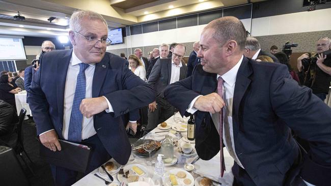 Scott Morrison and Josh Frydenberg after the Prime Minister's address at the National Press Club in Canberra on Monday. Picture: Gary Ramage