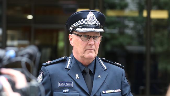 Victoria Police Assistant Commissioner Stephen Fontana leaves the Coroners Court of Victoria after giving evidence into the Bourke St coronial inquest. Picture: David Crosling