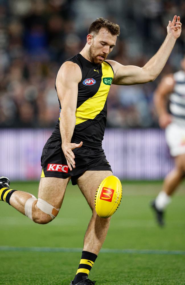 Noah Balta has been one of the few Tigers making his mark in the air. Picture: Dylan Burns/AFL Photos via Getty Images.