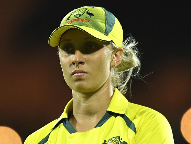 MACKAY, AUSTRALIA - SEPTEMBER 24: Ashleigh Gardner of Australia looks on during game two of the Women's One Day International series between Australia and India at Great Barrier Reef Arena on September 24, 2021 in Mackay, Australia. (Photo by Albert Perez/Getty Images)