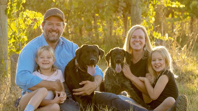 Matt, Luise and their kids 7yo Mathilda and 6yo Ella. Dogs: German wire pointer Rocksy and Labrador Prince. Picture: Zoe Phillips