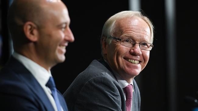 Todd Greenberg (left) and Peter Beattie are considering NRL expansion.