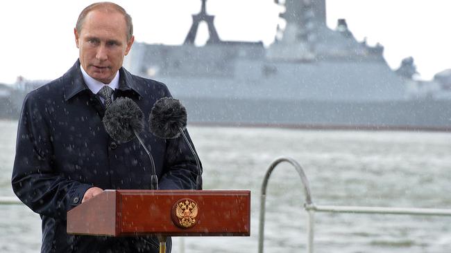 Russian President Vladimir Putin delivers a speech at the Baltiysk naval base in Kaliningrad. Picture: AFP.