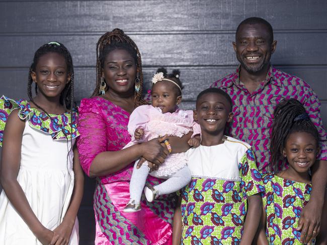 The Kamara family. L-R Jonievis 11, Mavis with baby Joneva, 7 months, John-Zion, 9, John, and Jonavia, 6. Picture: Eddie Safarik