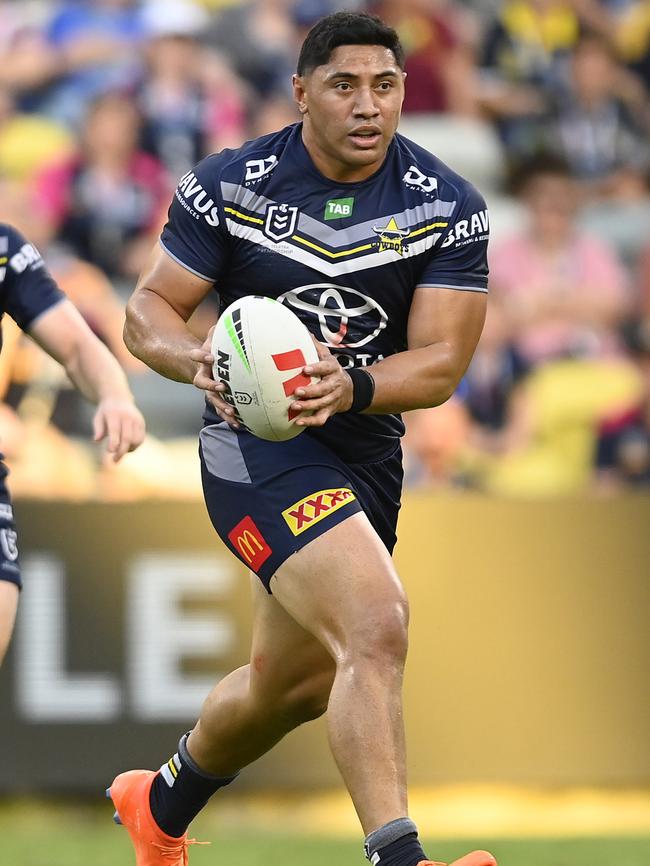 Jason Taumalolo of the Cowboys runs the ball during the round three NRL match between North Queensland Cowboys and New Zealand Warriors at Qld Country Bank Stadium on March 18, 2023 in Townsville, Australia. (Photo by Ian Hitchcock/Getty Images)