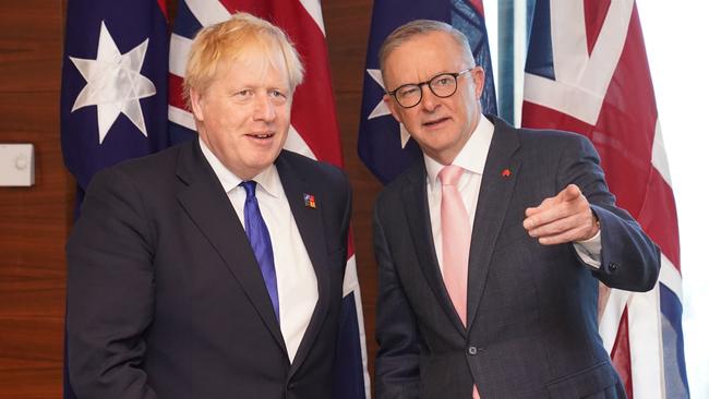 Anthony Albanese meets Boris Johnson during the NATO Summit in Madrid, Spain. Picture: Getty Images