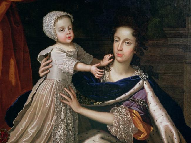 Queen Mary (Mary of Modena) wife of James II of England with her son, James Francis Edward, 1690s portrait by Benedetto Gennari the Younger. Public domain image.