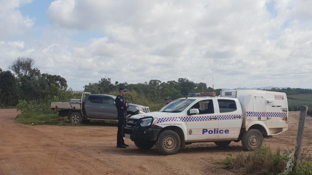 Police remain at the scene of the Wednesday, July 14, 2021 pineapple farm death. The incident occurred at Lake Mary Pines in Bungundarra.