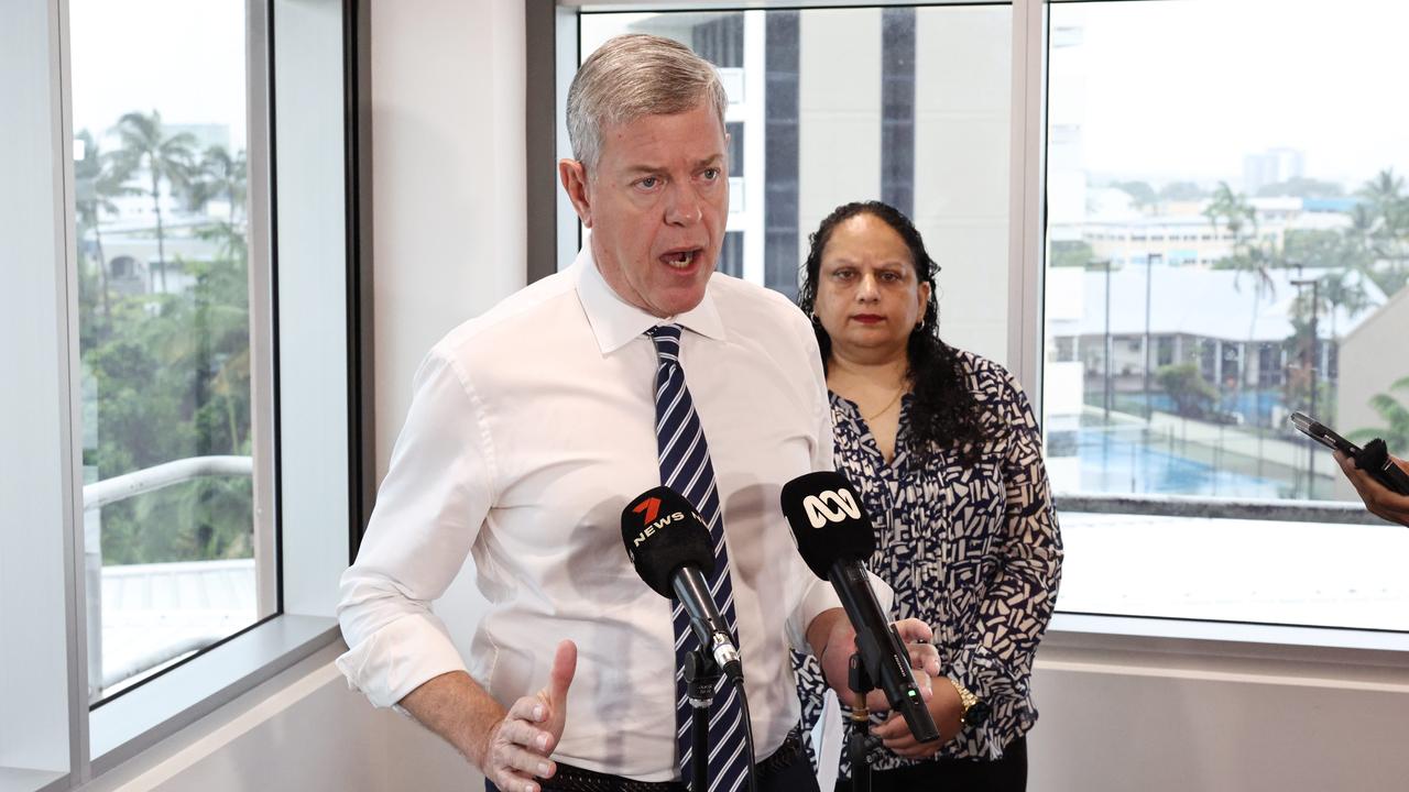 Queensland Health Minister Tim Nicholls held a press conference at the Cairns Hospital with Cairns and Hinterland Hospital and Health Service chief executive Leena Singh, after the state government declared hormone therapies for new gender diverse patients under 18 years old will be paused at public health facilities while a review into the practice is conducted. Picture: Brendan Radke