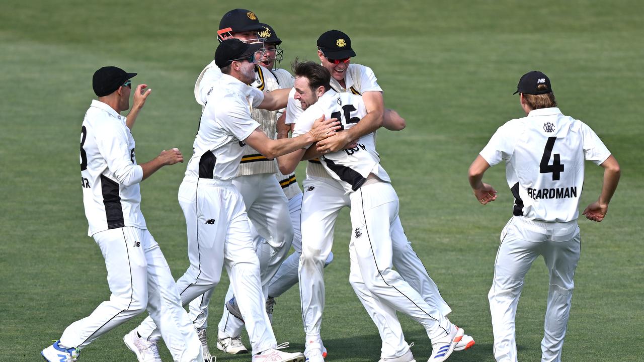 HOBART, AUSTRALIA - NOVEMBER 04: Brody Couch of Western Australia celebrates with teammates after getting a hat-trick during the Sheffield Shield match between Tasmania and Western Australia at Blundstone Arena on November 04, 2024 in Hobart, Australia. (Photo by Steve Bell/Getty Images)