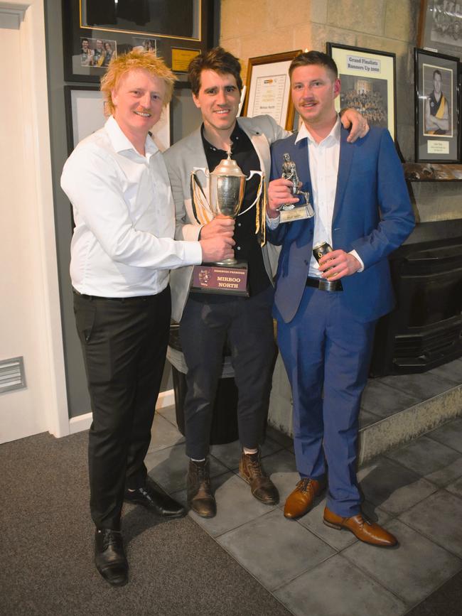 The Mirboo North Football Netball Club Tigers Presentation Night 2024 on Saturday, September 21, 2024: Josh Taylor, Dom Pinneri, Riley Oddy. Picture: Jack Colantuono