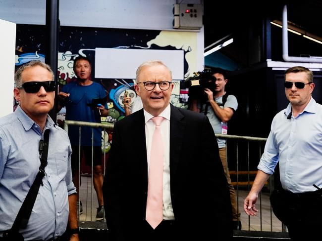 Anthony Albanese with security detail on campaign trail this week. Picture: Asanka Ratnayake/Getty Images