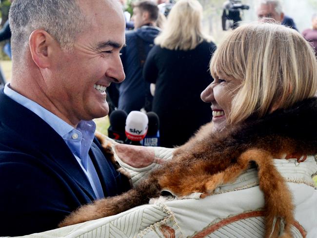 MELBOURNE, AUSTRALIA - NewsWire Photos MARCH 09, 2021: Deputy Premier James Merlino Auntie Geraldine Atkinson at Coranderrk at Healesville for the launch of the Victorian Government's Truth and Justice Commission. Picture: NCA NewsWire / Andrew Henshaw