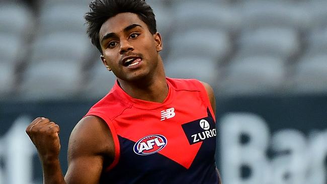 Kysaiah Pickett celebrates a goal against West Coast in Round 1.