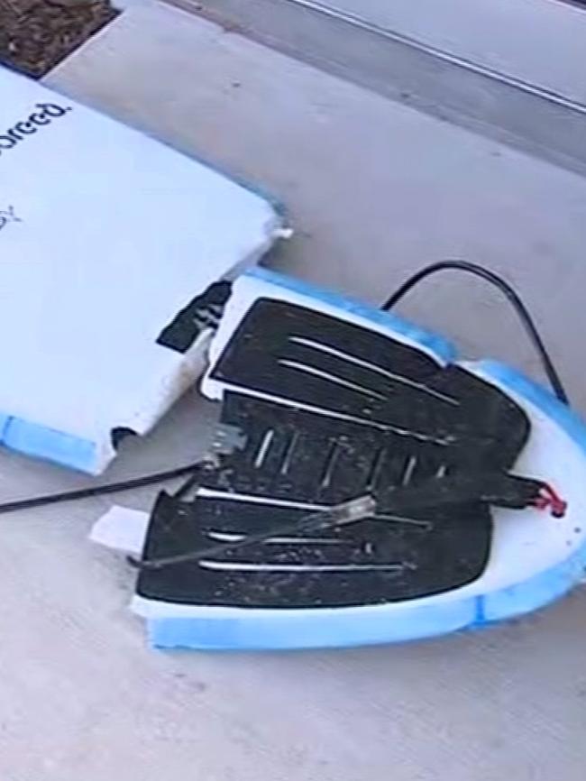 The remains of Mr Begg’s board after the attack. Picture: Seven News