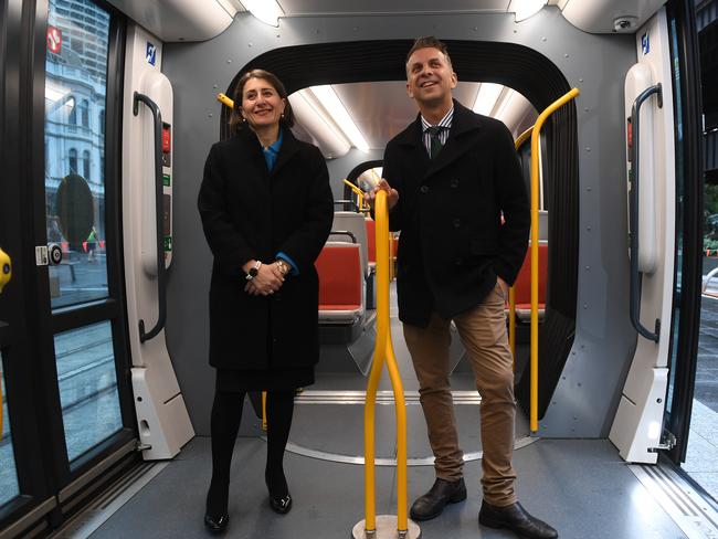 Premier Gladys Berejiklian and Transport Minister Andrew Constance on the first Light Rail Vehicle to reach Circular Quay earlier this year. Picture: AAP