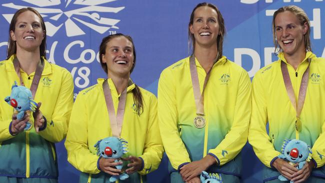 Australia's Commonwealth Games women's 4 x 100 medley relay team, from left, Emily Seebohm, Georgia Bohl, Emma Mckeon and Bronte Campbell. Photo: AP