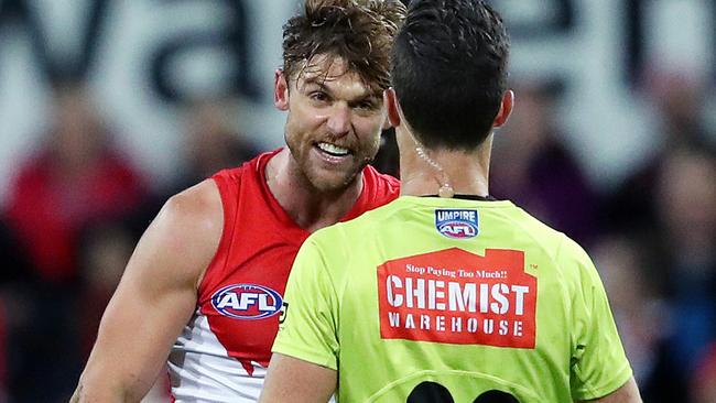 Sydney's Dane Rampe couldn’t hear an umpire and let him know. Picture. Phil Hillyard