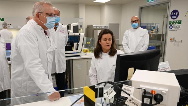 Prime Minister Scott Morrison tours the Astra Zeneca laboratories in Macquarie Park. Picture: Nick Moir